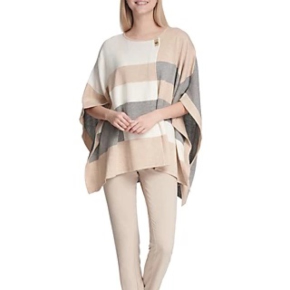 Calvin Klein Colorblock Poncho Creme grey  and Ivory neutral tones gold clasp OS - Picture 6 of 16